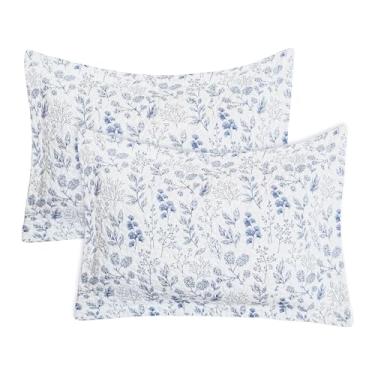 Imagem de Lady Ann Conjunto de 2 fronhas King de 50 x 91 cm, estampa floral azul e branca e de folhas, conjunto de 2, capas decorativas acolchoadas de algodão macias e aconchegantes para cama