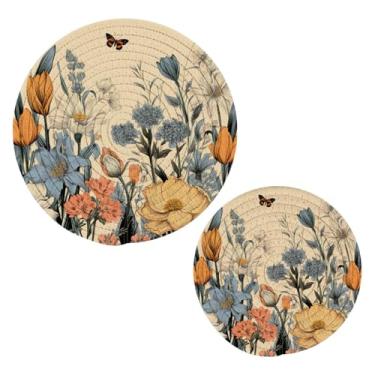Imagem de Blueangle 2 peças de porta-panelas coloridas de flores silvestres - conjunto de pegadores de panela de tecido redondo - almofadas quentes trançadas de algodão - porta-copos - tapetes de mesa para