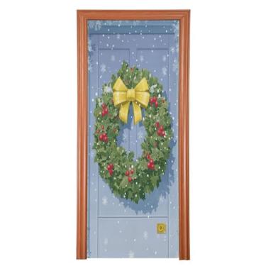 Imagem de ATTX Guirlanda de Natal para porta da frente – tecido elástico lavável, decoração de férias para festas, casa, decoração de porta da frente, 91 x 242 cm (130)