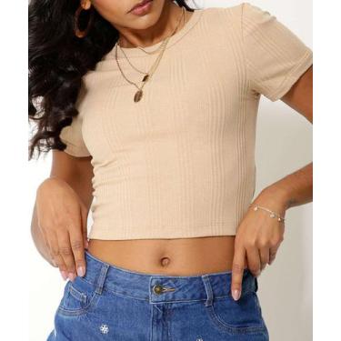 Imagem de Blusa Cropped Feminina Canelada Manga Curta Marisa-56258, Bege, P