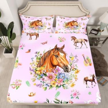 Imagem de Erosebridal Jogo de lençol solteiro com elástico roxo com cavalo caubói e caubói de fazenda, para crianças, adolescentes e adultos, lençol com elástico rústico para decoração de quarto