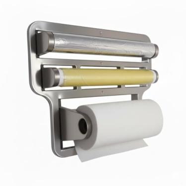 Imagem de Porta Papel Toalha Triplo Suporte Platico Prata Inox Rolos Para Cozinha 4 em 1