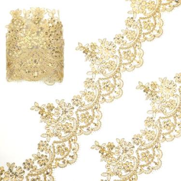 Imagem de Acabamento de renda dourada, 2 metros de largura 12 cm de largura fita dourada de Veneza bordado de renda renda lantejoulas flor bordado fita de renda para costura, casamento, roupas