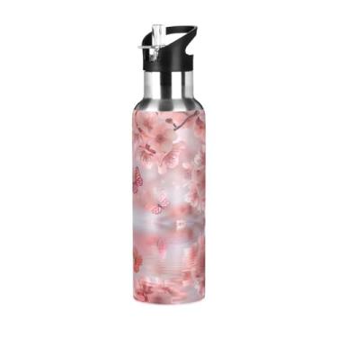 Imagem de Qilmy Lindas árvores de cerejeira de aço inoxidável copo de isolamento portátil a vácuo 623 g, garrafa de esportes ao ar livre à prova de vazamento, caneca de café de viagem com canudo, escritório