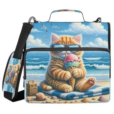 Imagem de Burbuja Fichário com zíper Cat on Beach, bolsa de 3 anéis com lixa expansível e alça de ombro para laptop de 13 polegadas, vários bolsos para trabalho de escritório