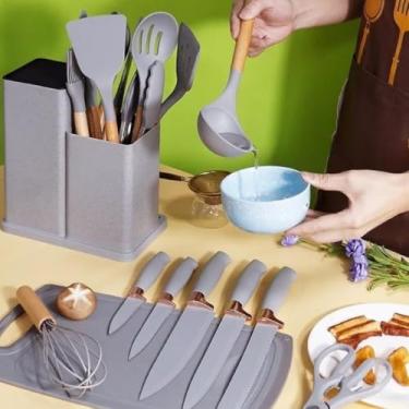 Imagem de Kit Completo Jogo de Cozinha Luxo 19 Peças Com Tábua em Silicone Espátula Faca Tesoura Utensílios(Cinza)