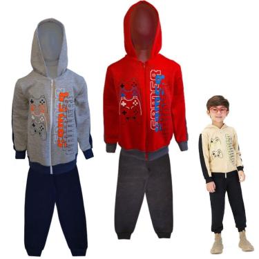 Imagem de 2 Conjuntos Moletom Infantil Masculino Blusa Calça Flanelado Capuz Ziper Roupa Agasalho menino-Masculino