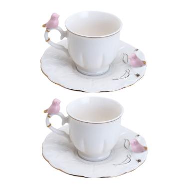 Imagem de Jogo 2 Xícara De Café Porcelana Rosa E Branca Birds Pássaro Com Pires 100ml Wolff