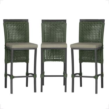 Imagem de 3 Banqueta Em Alumínio Roma Preta Corda Náutica Tecido 8 Verde