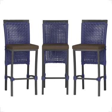 Imagem de 3 Banqueta Em Alumínio Roma Preta Corda Náutica Tecido 9 Azul