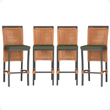 Imagem de 4 Banqueta Em Alumínio Roma Preta Corda Náutica Tecido 13 Terra Cota