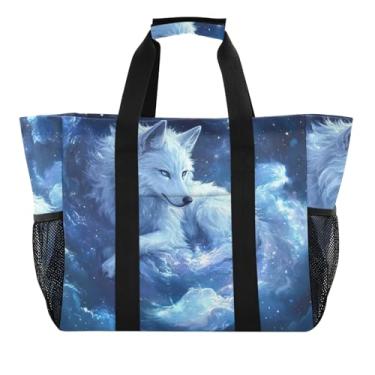 Imagem de ODAWA Bolsa de praia grande, lobo azul, galáxia branca, leve para viagens e natação, Galáxia azul lobo branco, One Size