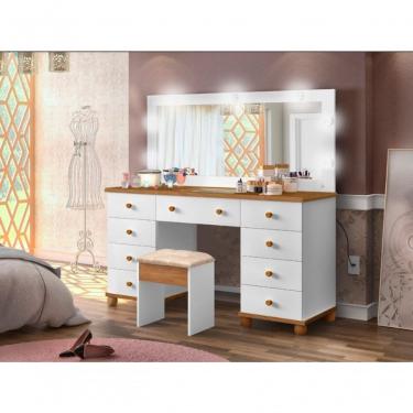 Imagem de Penteadeira Com Espelho Led Mais Banqueta Branca/nature