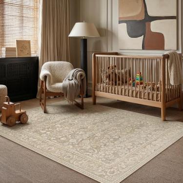 Imagem de PureCozy Tapete floral 7,5 x 12,5 cm, bege, lavável à máquina, tapete pequeno, antiderrapante, resistente a manchas, baixa pilha, boho, decoração interna, para entrada, escritório, quarto, sala de