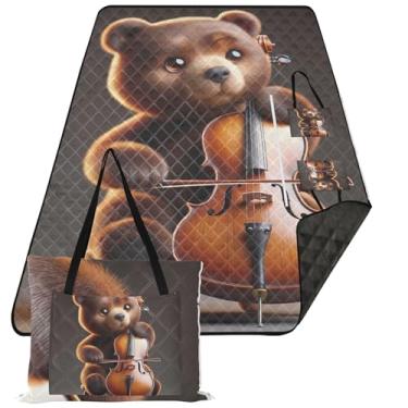 Imagem de TSENQUE Tapete de praia bonito urso violoncelo música impermeável à prova de areia bonito cobertor de piquenique com estampa dobrável para acampamento 299,7 cm x 203,2 cm