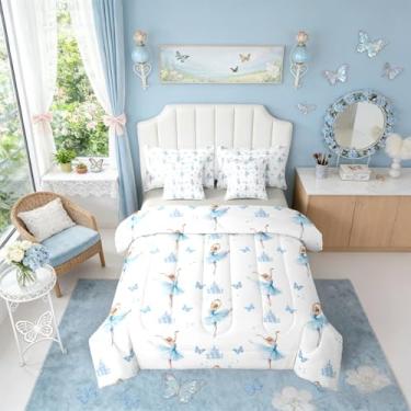 Imagem de Erosebridal Conjunto de cama de solteiro de bailarina azul em uma bolsa para meninas, conjunto de cama de casal de princesa fofa com 7 peças, conjunto de edredom com lençóis, conjunto de cama moderno