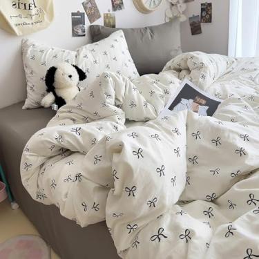 Imagem de Bildenly Conjunto de edredom Queen branco, com laço preto, tamanho Queen, conjunto de cama com 3 peças, edredom leve e macio (224 cm x 234 cm) para meninas em todas as estações e 2 fronhas (76 cm x 50