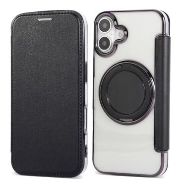 Imagem de Capa carteira para iPhone 16 com 3 compartimentos para cartão, bloqueio RFID, suporte de anel giratório de 360° e compatibilidade magnética, capa traseira transparente à prova de choque, suporta