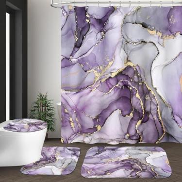 Imagem de NBVKO Conjunto de 4 peças de cortina de chuveiro com padrão de mármore roxo luxuoso com 12 ganchos tapetes antiderrapantes, tampa de vaso sanitário e tapete de banho, decoração elegante para banheiro