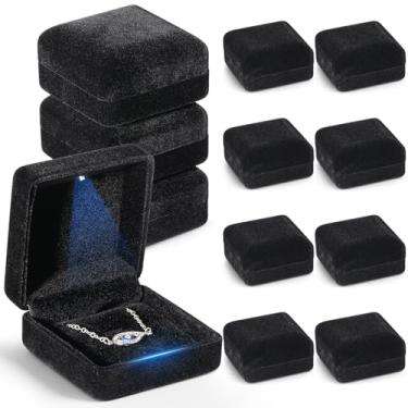 Imagem de Yinkin 12 caixas de joias de veludo preto, anel de exibição de luz de LED, colar, pulseira, caixa de presente em massa de casamento, aniversário de casamento (caixa pequena com pingente, quadrada)