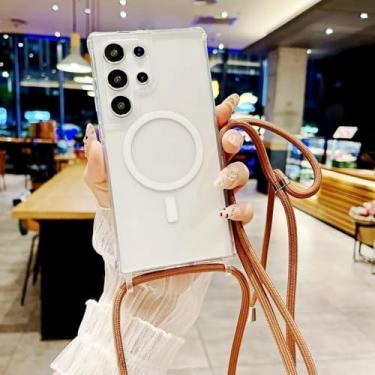 Imagem de Capa de acrílico à prova de choque com alça para Samsung Galaxy S25 Ultra, S23, S24 Plus, S25 Plus, tira transversal, magnética, sem fio, transparente, marrom, para S23 Ultra
