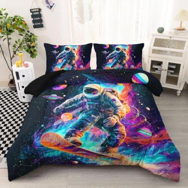Imagem de AILONEN Conjunto de edredom infantil tamanho solteiro, astronauta surfando, espaço sideral, planeta, foguete, com 2 fronhas, 3 peças