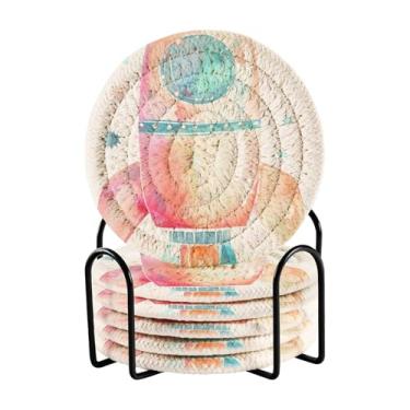 Imagem de Lindo conjunto de 6 porta-copos de mesa de foguete aquarela com rack de armazenamento preto, 10 cm de diâmetro, porta-copos de mesa para bebidas