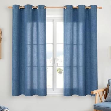 Imagem de YoungsTex Cortinas de linho azul-marinho 113 cm de comprimento para janelas curtas, cortinas semitransparentes com filtragem de luz com ilhós de bronze privacidade para cozinha, banheiro, 106 x 113 cm