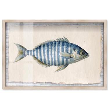 Imagem de Stripes of the Sea II Shadowbox Print Kitchen Wall Art por Art Remedy, moldura loira, 78 x 53 cm