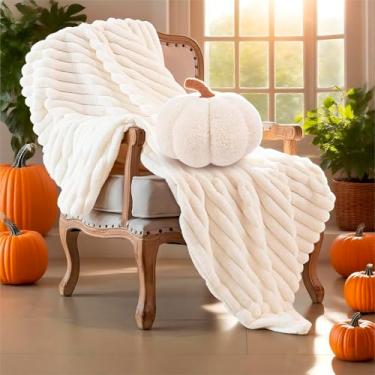 Imagem de Travesseiro e cobertor de abóbora de Halloween – 28 cm em forma de 3D almofada decorativa de pelúcia, conjunto de almofada e cobertor de lã macia e fofa para Halloween, outono, Ação de Graças, sofá