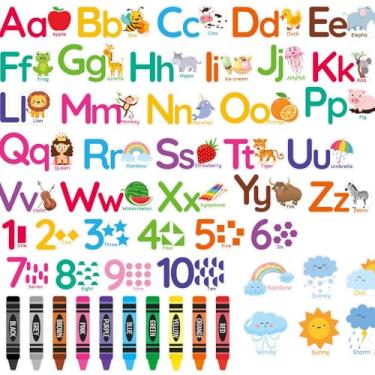 Imagem de 110 peças de decalques de parede de alfabeto e números para crianças – letras ABC de vinil transparente, números 1–10, adesivos de cores e clima, 12 folhas (6 desenhos × 2 cópias) decoração de