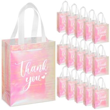 Imagem de Sweetude 30 peças de sacos de presente de agradecimento com alças bolsa reutilizável não tecido dobrável para presente de formatura de casamento e dama de honra (25 x 20 x 10 cm, laser rosa)