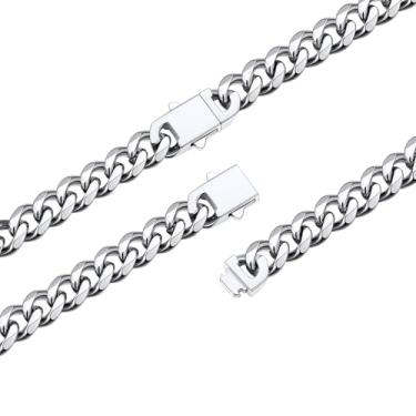 Imagem de FaithHeart Corrente de elos cubanos de aço inoxidável preto/prata/dourado para homens, duráveis e hipoalergênicas Miami Curb Hip Hop, 6/9/12 mm de largura, 45,7 a 76,2 cm de comprimento, caixa de