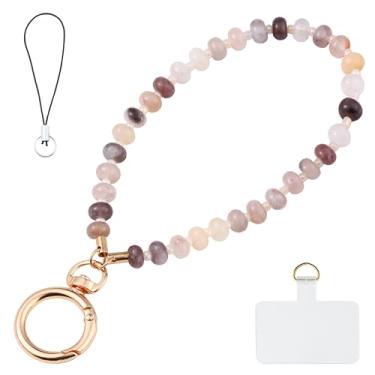 Imagem de Yeeyeow Cordão de pulso de telefone com contas de ágata violeta, pingente de pedra natural, chaveiro de amuleto de pedra preciosa feito à mão para mulheres, chaveiro mãos livres, alça de pulso