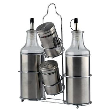 Imagem de Jogo de 2 galheteiros e 2 porta condimentos em vidro com suporte em aco inox L21,6xP7,7xA27,3cm-INOX, TRANSPARENTE - Dynasty- Full Fit