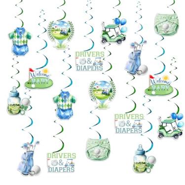 Imagem de Cheereveal 24 peças de redemoinhos de pendurar para chá de bebê de golfe, drivers e fraldas, serpentinas temáticas de teto com tema de esportes de golfe para bebês com estampa de gênero revelar