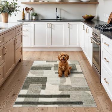 Imagem de TOPRUUG Tapete moderno de entrada 3x4 - Tapetes de área geométricos laváveis para cozinha, banheiro, tapete ultrafino para porta interna, entrada interna - Tapete pequeno resistente a manchas (bege