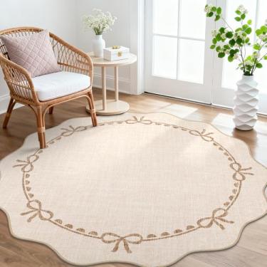 Imagem de GarveeHome Tapete de laço recortado para sala de estar, tapetes redondos de 1,8 m, lavável, sólido bege, tapete para dormitório, macio, de pelo baixo, antiderrapante, para decoração de quarto de bebê