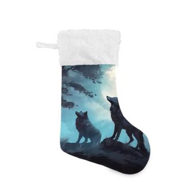 Imagem de ATTX Meias de Natal com lobo e lua noturna, suportes de presente brancos de pelúcia para decorações de festas de fim de ano (17,7 polegadas, pacote com 2) #561