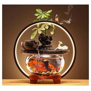 Imagem de ornamentais Fonte de mesa cerâmica de mesa de relaxamento interno com tanque de peixes de vidro, base de madeira e luz LED, recurso de água relaxante de mesa interna relaxamento
