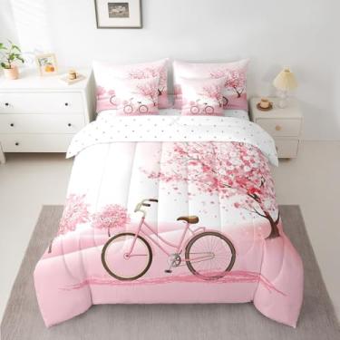 Imagem de Jogo de cama casal de 7 peças, estampa de árvores florais rosa para decoração de quarto de casal e adultos, cama de bicicleta em uma bolsa com edredom, lençol de cima, lençol de cima e fronhas