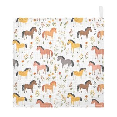 Imagem de vvfelixl Toalhas de musselina para bebês desenhos animados cavalos pastam panos de arroto de algodão toalha de rosto para bebês recém-nascidos meninos meninas macio e absorvente 12 x 30 cm, pacote com