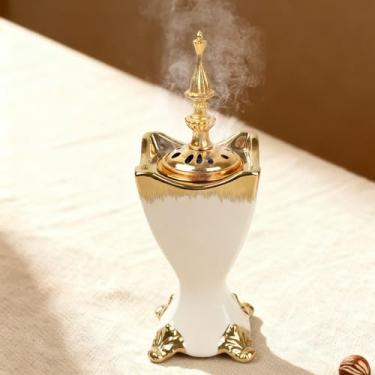 Imagem de Queimador de incenso Bakhoor de cerâmica, queimador de incenso estilo Oriente Médio, sálvia branca, mirra, cone de olíbano, queimador Bakhoor, para ioga, spa, aromaterapia, escritório, decoração de