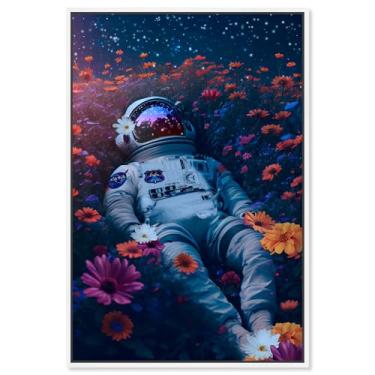 Imagem de Astronauta em um oceano de flores arte moderna de astronauta por Notoriart, moldura branca, 25,4 cm x 38,1 cm