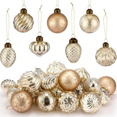 Imagem de Syhood 24 peças de enfeites de Natal de vidro mercúrio, ornamentos de vidro vintage antigos, bolas de Natal rústicas para grinaldas de árvore de Natal, guirlandas, decoração de casamento (prata, ouro