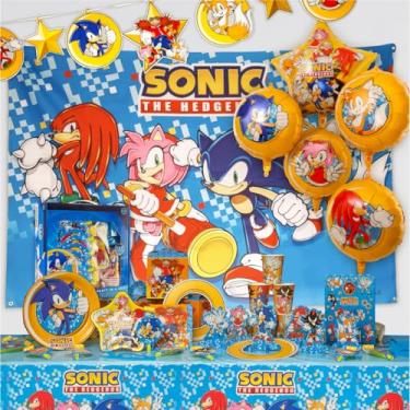 Imagem de Sonic The Hedgehog Birthday Party Kit - Complete Supplies for 10, Video Game Themed Decorations, Licensed Banner, Plates, Cups, Balloons, Games, and Favors for Kids' Celebration