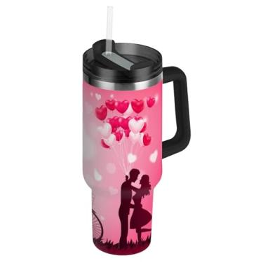 Imagem de ATTX Copo de Dia dos Namorados de 1,134 g com alça, copo de aço inoxidável a vácuo de parede dupla com palha, caneca de café de viagem isolada #536