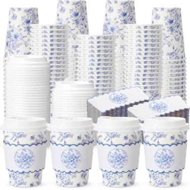 Imagem de Qinyoung Conjunto de 100 xícaras de café de papel floral azul com tampas e mangas 340 g copos descartáveis de flores vintage a granel para aniversário, casamento, chá de panela, chá de festa