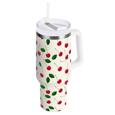 Imagem de SEHANY Copo de cereja fofo de 1,134 g com alça, copo isolado de aço inoxidável de parede dupla, à prova de vazamento, caneca de café isolada para viagem, cabe no suporte de copo de carro