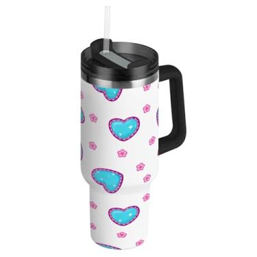 Imagem de ATTX Copo de coração azul de 1,134 g com alça, copo de aço inoxidável a vácuo de parede dupla com palha, caneca de café de viagem isolada #566